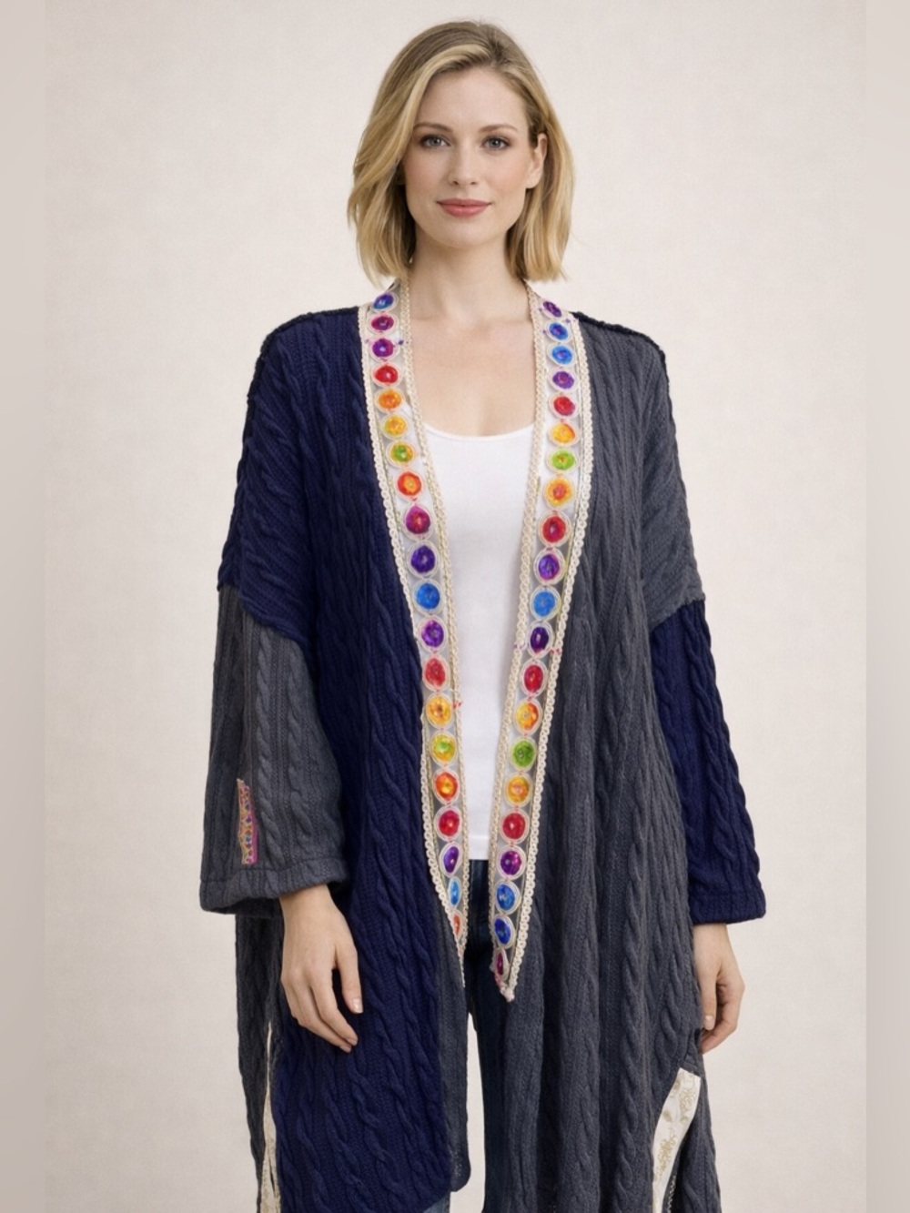 Pol Long Open Front Cardigan Kimono Knitted Navy Gray‎ Boho Embroidery SMJ368C